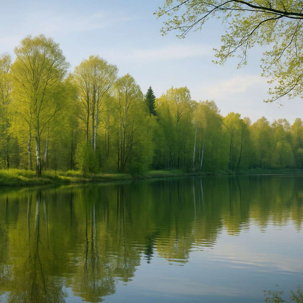 alt="Озеро на фоне весеннего леса, отражение деревьев в воде, идеально ровная гладь, лёгкое движение воздуха."