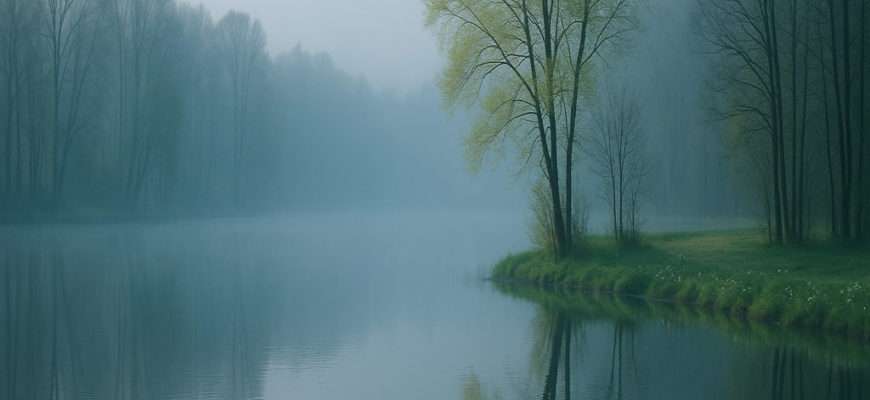 alt="Весенний берег озера ранним утром, лёгкий туман, вода почти зеркальная, отражение неба."