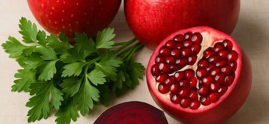 alt="Натюрморт с продуктами, богатыми железом (яблоко, гранат, петрушка, свёкла) на светлом фоне".