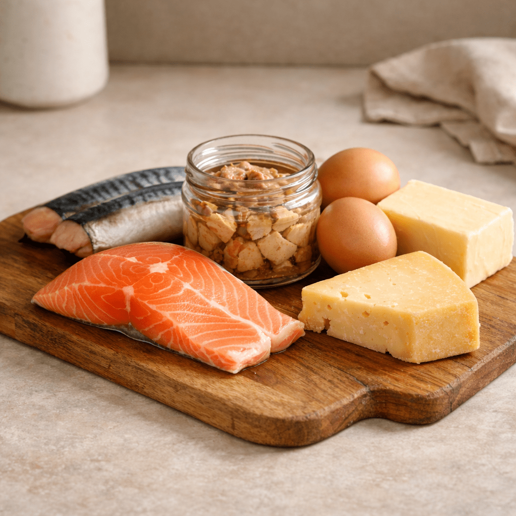 alt="Набор продуктов, богатых витамином D — рыба, яйца, печень трески, сыр и масло — аккуратно разложены на кухонной поверхности при мягком естественном освещении. Как понять, что у вас недостаток витамина D?"